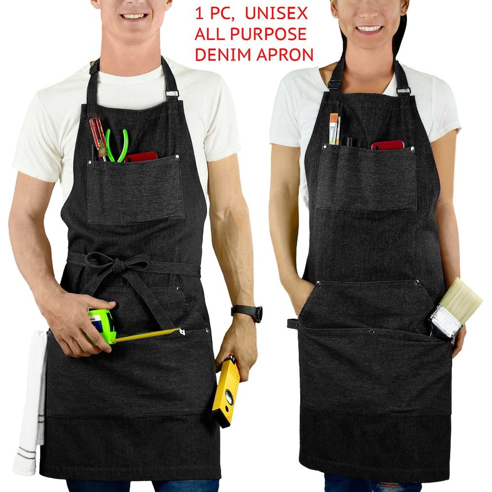 😍NWOT 1 PC UNISEX PREMIUM DENIM APRON BLACK ALL PURPOSE KITCHEN BBQ WORK PAINT